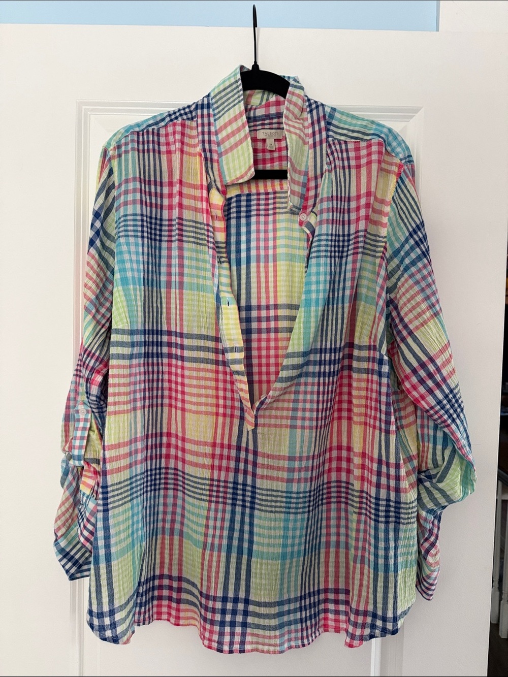 Talbots Multi-Color Plaid Cotton Tunic — Pastel Pink, Blue & Yellow